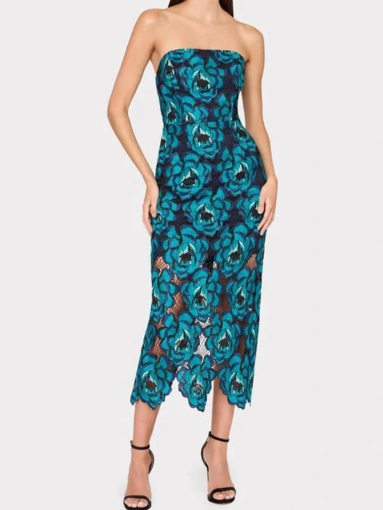 NWT MILLY Kait Bloom Strapless Column Dress Turquoise Lace Floral Size 4 - Picture 1 of 4